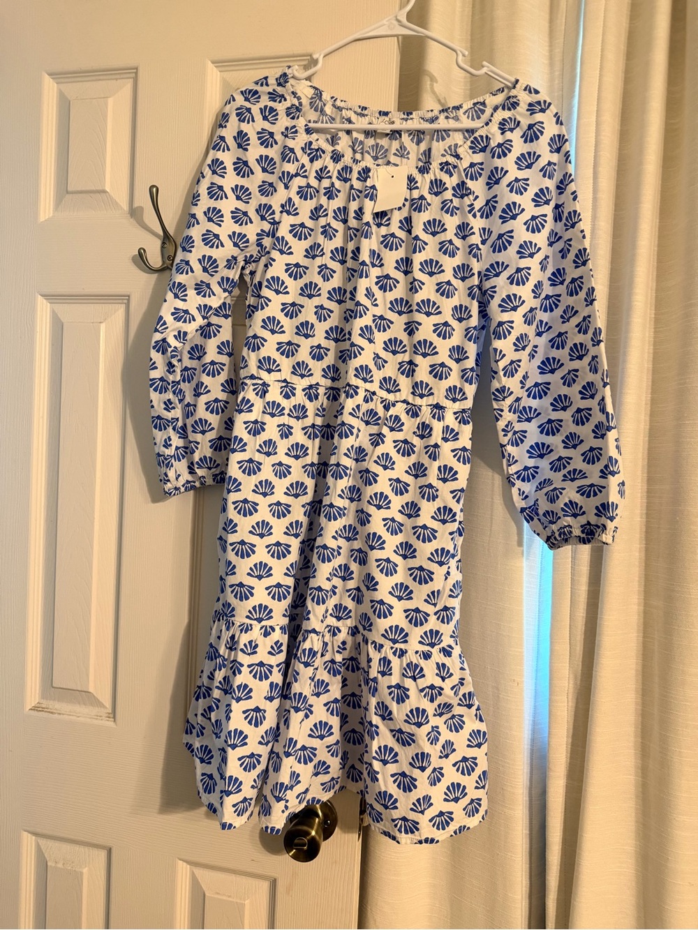 J. Crew White Cotton Dress with Blue Shell Print